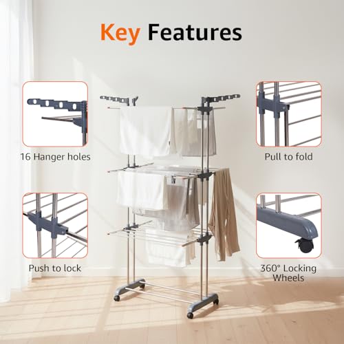 Image of amazon basics 3-Tier Stainless Steel Cloth Drying Stand | Foldable with Wheels | 5.8 ft Drying Space, 26 Rods, 16 Hanger Slots | Indoor & Outdoor Use | 174 cm