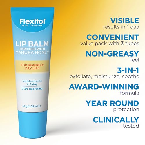 Flexitol Lip Balm with 400+ MGO Manuka Honey, Intensive Relief for Dry, Chapped Lips, Soothing, Long-Lasting Hydration, 3 Pack (0.35 oz Each), 1.05 oz Total