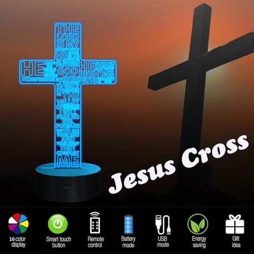 Image of FULLOSUN Jesus Cross 3D Night Light, Christ Optical Illusion Lights 16 Colors Change with Remote Control, The Lord Desk Lamps Room Home Decor Xmas Birthday Easter Gifts
