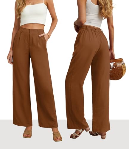 Image of Feiersi Womens Casual Wide Leg Pants High Waisted Button Down Straight Long Trousers Palazzo Pants