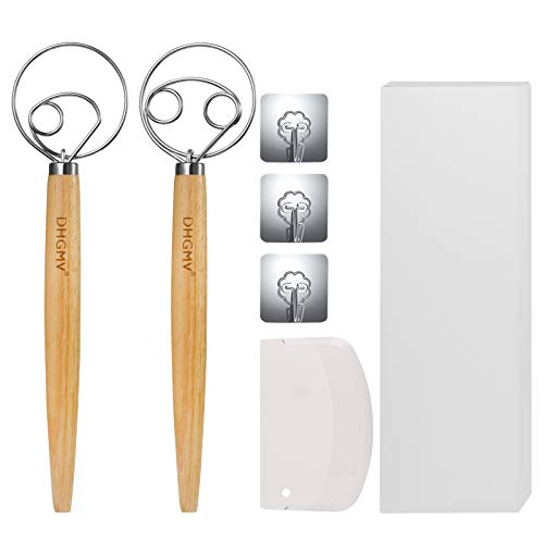 Danish Dough Whisk Bread Mixer, DHGMV 2 Pack Stainless Steel Dutch Dough Whisk with a Dough Scraper 3 Hook for Bread Pizza Dough Practical Baking Tool