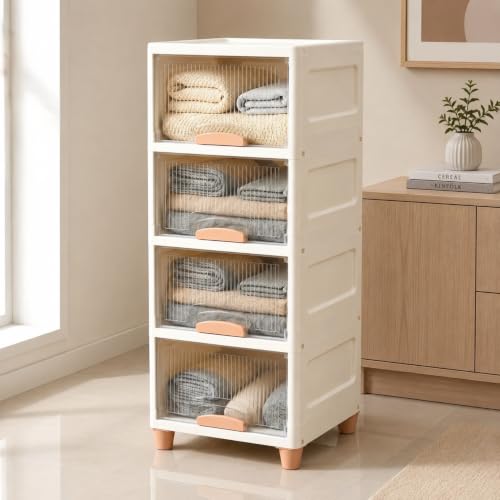 Image of HoopVool Foldable Storage Cabinet, Stackable Plastic Storage Box with Front Opening Door, Dustproof Organizer for Clothes, Toys, Books, Bathroom & Bedroom (4-Tier (33 X 38 X 107 CM))