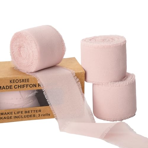 KEOSREE 3 Rolls Light Pink Handmade Chiffon Ribbon,1.5" x 21Yd Frayed Fringe Silk Ribbons (3 Rolls *7Yd) for Gifts Wrapping, Wedding Invitations, Bridal Bouquets, Decorations