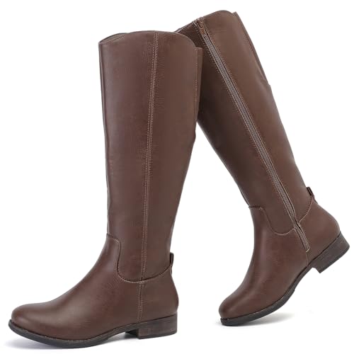 Knee High Boots for Women Comfort Stylish Casual Round Toe Tall Riding Combat Boot Classic Fashion Fall Winter Knee-High Flat Boots. 6.5 Brown Pu 909