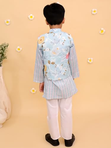Image of The Mom Store Boys Printed Cotton Kurta Pajama Set With Jacket | Soft And Comfortable Ethnic Wear For Baby /Kids Boys | Full Sleeves Kurta Pyjama Set | Traditional Indian Outfit