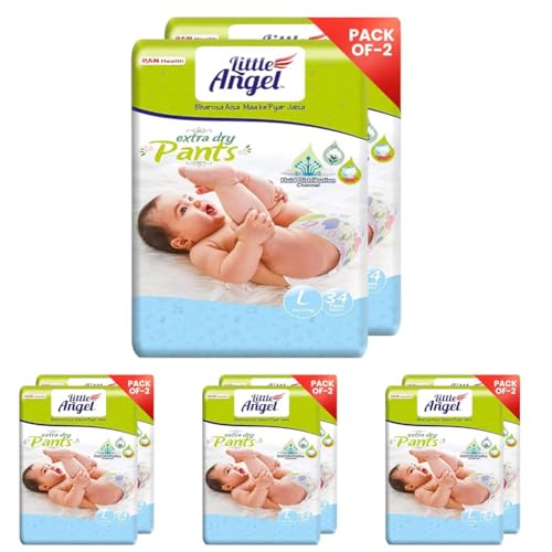 Image of Little Angel Extra Dry Baby Pants Diaper, Large (L) Size, 68 Count, Super Absorbent Core Up to 12 Hrs Protection & Wetness Indicator, 8-14kg (34 count /pack, Pack of 8)