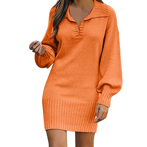 Robe en tricot pour femme - Mini robe élégante - Robe tricotée - Pour manches longues - Couleur unie - Automne et hiver - Pull moyen - Manches longues - Manches - Pull solide, Orange, XXL Cover