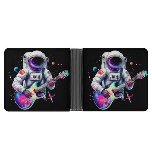 Fashion Bifold Wallet for Women Men Trippy Space Astronaut Guitar Splash Ink Art Pu Leather ID Card Holder Waterproof Lightweight Purse for Travel Work