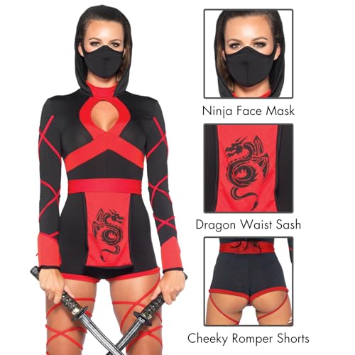 Image of Leg Avenue Women's 3 Pc Dragon Ninja Costume with Hooded Romper, Waist Sash, Face Mask