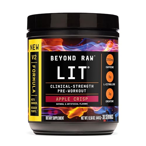 BEYOND RAW LIT V2 Clinical Strength Pre Workout Powder, Hits Harder, Bigger Pumps, Caffeine, L-Citrulline, Creatine, Apple Crisp, 30 Servings
