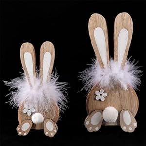Easter Wood Bunny Table Decor 2 Pieces Rustic Wood Bunny Signs with Pom Pom Tail and White Feather Collar for Easter Spring Tabletop Home and Tiered Tray Decoration