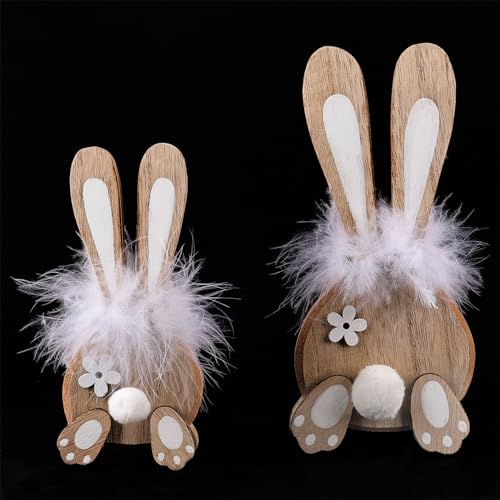 Easter Wood Bunny Table Decor 2 Pieces Rustic Wood Bunny Signs with Pom Pom Tail and White Feather Collar for Easter Spring Tabletop Home and Tiered Tray Decoration