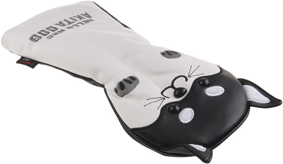 Akita Dog Driver Head Cover - Cartoon Pattern Golf Headcover, Elastic Closure Black PU Leather with Plush Lining for Golf Course & Travel Protection