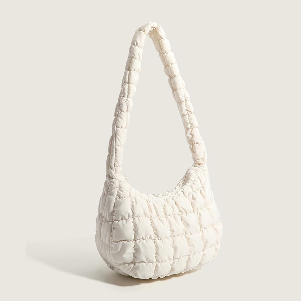 Image of Puffer Underarm Handbag For Women, Small Cute Designer Hobo Bag, Quilted Padding Bags, Soft Nylon Puffy Purse