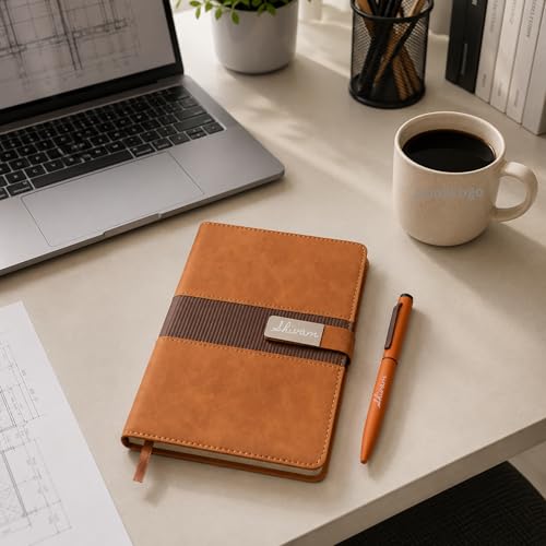Image of Customised Name Diary and Pen Set with Gift Box | Personalised Gift for Men, Women | Corporate Gift For Employees, Clients, Friends | Premium Leatherette Tan Diary,Pen Set