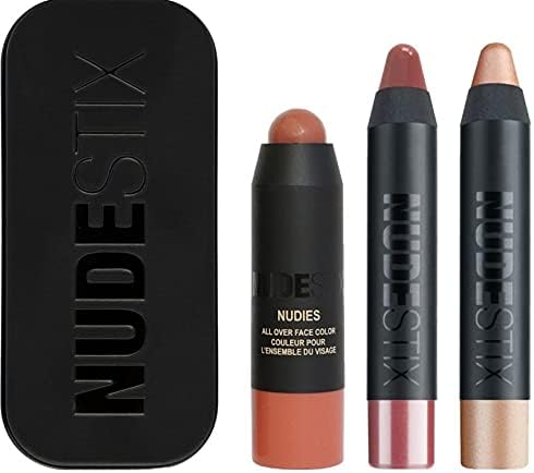 Nudestix Sunkissed Nudes Mini Kit Set with All Over Face Bronze Color in Sunkissed, Magnetic Luminous Eye Color in Nudity, and Gel Color Lip + Cheek Balm in Posh with Tin