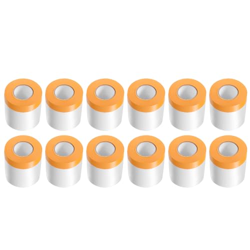 Image of HARFINGTON 12 Rolls Pre-Taped Masking Film 15.7 inch x65.6ft Tape and Drape Painters Plastic Drop Cloth Film with Tape Plastic Sheeting for Automotive Painting Covering