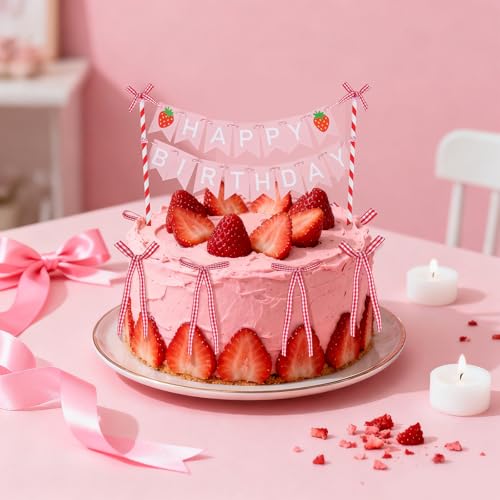Whaline Strawberry Bunting Cake Topper Set Happy Birthday Banner Cake Picks Insert Decoration with 6 Pcs Bows for Girl First Birthday Baby Shower Party Decor by Whaline - Used condition - Image 5