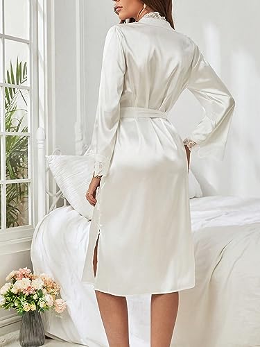 OYOANGLE Women's Satin Robe Long Sleeve Open Front Floral Lace Trim Belted Bride Wedding Party Bathrobes2