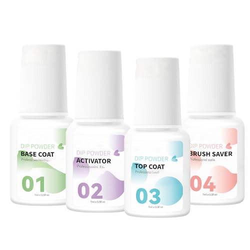 Dip Powder Nail Liquid Kit with Base Coat Activator Top Coat and Brush Saver Set, No UV/Light Needed for Quick Drying, Long Lasting High Gloss Finish for 2-3 Weeks, Healthy Low Odor Formula(7ML*4)
