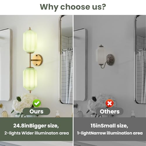Giawosth Vintage Glass Bathroom Light, 2Light Wall Sconce with Brass Finish Base Green Glass Shade Wall Sconce Lighting for Mirror, Kitchen, Living Room, Gallery, E12Base by Giawosth - Image 5