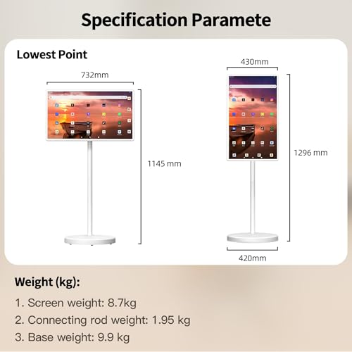 32 Inch Portable Smart TV,1080P Touchscreen Android 15 Monitor on Wheels,5MP Camera,9600mAh X 4 Battery,8+128GB Storage,Voice/Airmouse Remote Control,Rotatable Display for Home/Office/Outdoor