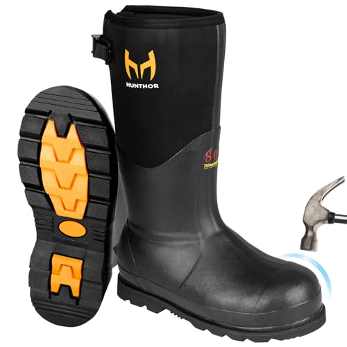Rubber Work Boots with 800g Insulation, Puncture-Proof Steel Toe & Shank, Waterproof and Insulated 6mm Neoprene Hunting Boots for Farming, Construction, Fishing, and Manufacturing (Size 6-14