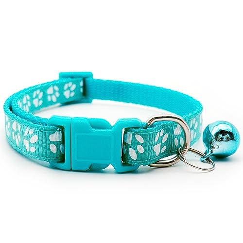 Small Dog Puppy Pet Collar Pawprint Design with Bell Nylon Adjustable Size 19-32cm Aqua Blue Turquoise - Image 2