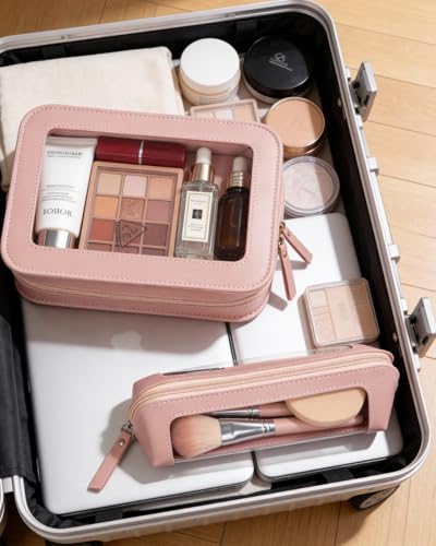 Image of LETGO 2Pack Clear Makeup Bags Set, Clear Pencil Case Pouch,Portable Leather Travel Toiletry Bag Pink Car Accessories for Women