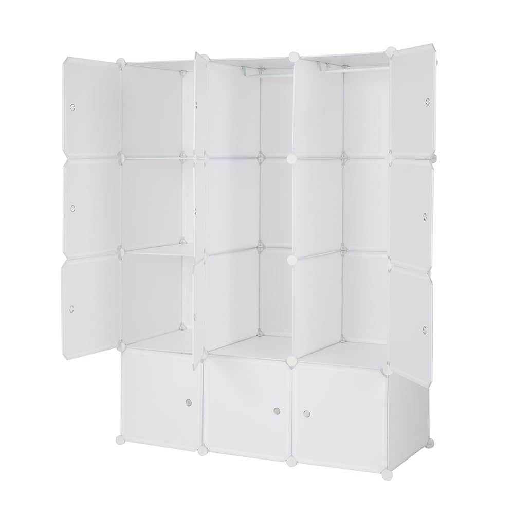 12 Cube Storage Organizer, Stackable Storage Shelves with Hanging Rod Customizable Closet Cabinet Durable Steel Frame Multi-Use DIY Design 13.8 inch Panels Max 10lb Capacity per Cube White