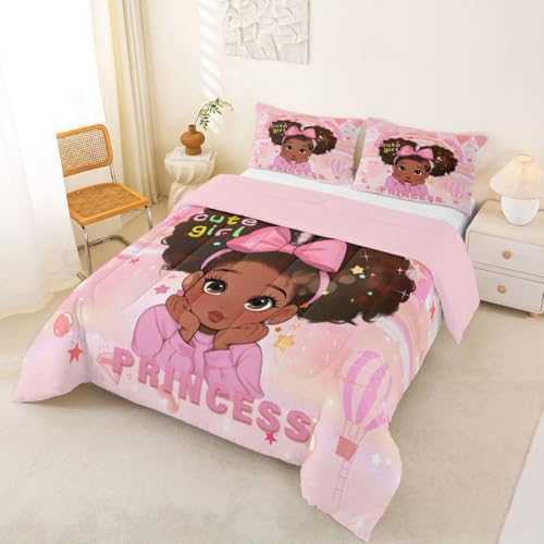 Image of Erosebridal Pink Black Girls Queen Bedding Set Magical African American Comforter Set for Nursery Afro Little Girls Comforter Cute Room Decor Melanin Bedroom Decor (1 Comforter, 2 Pillowcases)