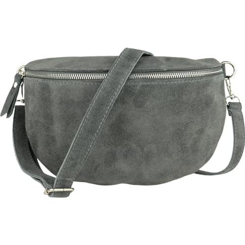 MIRROSI® Bauchtasche Damen, Made in Italy, Echtleder Umhängetasche Echtes Leder, Brusttasche, Crossbody Bag aus WLD Veloursleder, in 3 Größen erhältlich (D.Grau WLD Silberner Reißverschluss) (Gr.L)
