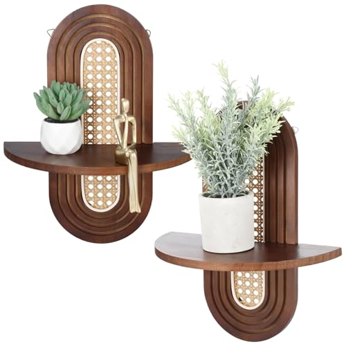 2 Pcs Floating Wall Shelves, Wall Mounted Bohemian Rattan Shelf Supports 20 Lbs, Decorative Wood Mid Century Style for Bedroom, Living Room, Laundry Room, Solid Wood Frame, Arched Panel - Image 3