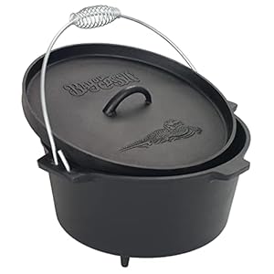 Bayou Classic Pre-Seasoned Cast Iron Dutch Oven w/ Feet Features Flanged Camp Lid Stainless Coil Wire Handle Grip, 8-qt Perfect For Baking Frying One-Pot Meals Stews and Chili