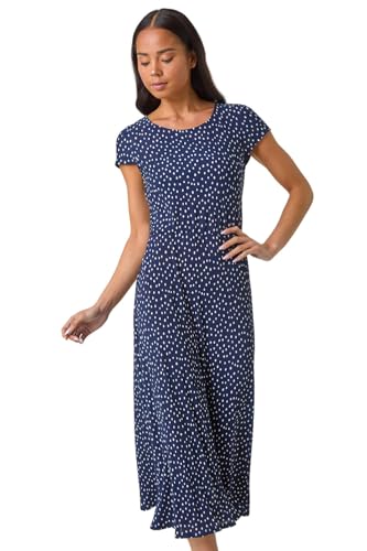 Roman Petite Spot Print Crinkle Midi Dress for Women UK - Ladies Spring Everyday Summer Holiday Comfy Short Sleeve Soft Fit & Flare Frock Office Business Gowns - Navy - Size 16