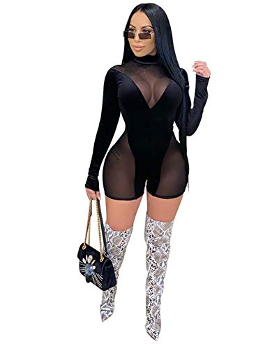 Biz Simple Womens Velvet Mesh Long Sleeve See Through Bodycon Party Club Short Jumpsuit Romper Black L