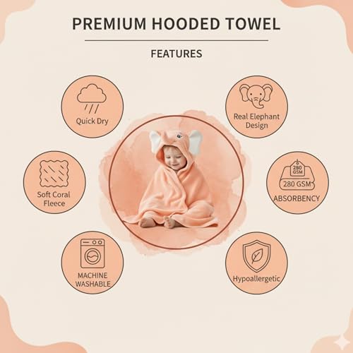 Image of Ultra-Soft Baby Hooded Towel - 100% Cotton Wrap Your Little one in Softness and Joy, Hypoallergenic & Super Absorbent Bath Wrap for Newborns & Toddlers | Cute Animal Design,(0-5Years) (Peach Elephant)