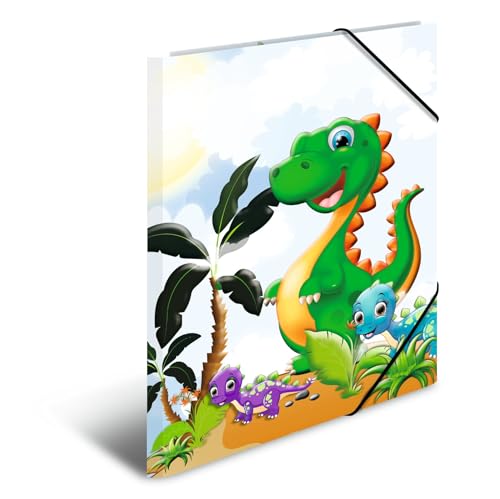 HERMA Sammelmappe A3 Dino, Eckspanner-Mappe aus Pappe mit Kindergarten Dinosaurier Motiv, Gummizug, Innenklappen und Innendruck für Jungen, Mädchen und Kinder