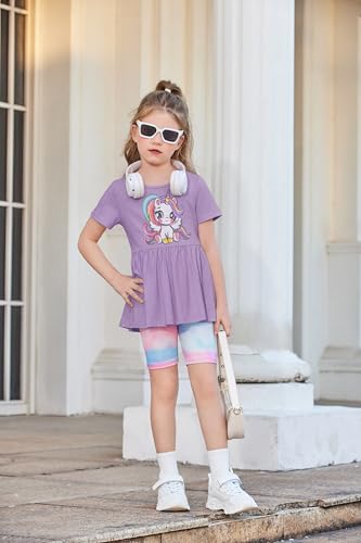 Image of Arshiner Girls Summer Outfits Short Sleeve Ruffle Hem Top and Biker Shorts Set Girl Clothes 4-15 Years