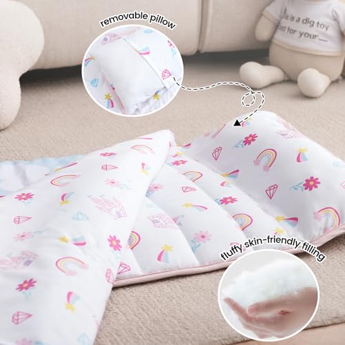 Image of PHF Soft Toddler Nap Mat with Removable Pillow, Rollup Design Kids Sleeping Mat, Slumber Bags for Girls, 50 inchx20 inch Toddler Sleeping Bag for Daycare Preschool Travel Camping, Castle