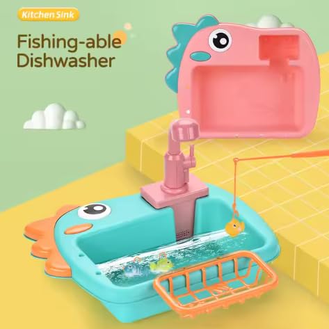 Tocexy Dinosaurs Kitchen Sink Playset with Electric Water Pump, Rotating Faucet & Fishing Game – Kids Pretend Play Washing & Cooking Toy Set (Multicolor) - Image 3 thumbnail