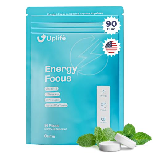 Image of UPLIFE Energy and Focus Gum - 90 Pcs, Made in USA | 40mg Natural Caffeine + 80mg L-Theanine + Vitamin B12 & B3 | Sugar-Free, Vegan | Nootropic Gum for Energy, Focus & Mental Clarity - Peppermint