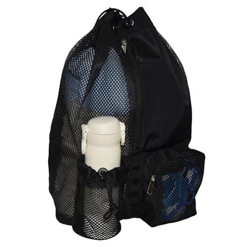 Cawmpap Mesh Drawstring Backpack, Black, Breathable Quick-Drying, Adjustable Straps, Side Pocket, for Gym, Beach, Pool, 18.9x11.42x5.91in (Black)