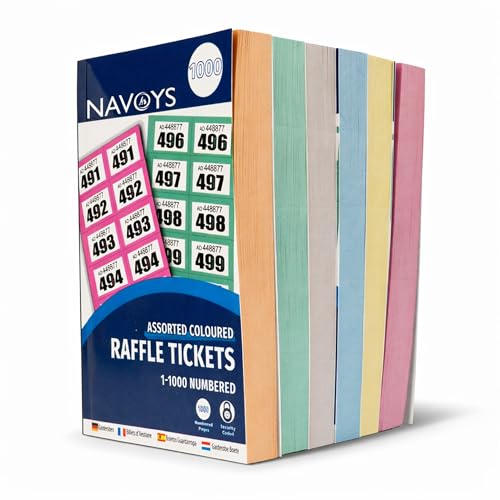 Image of Navoys 6pk 1000 Raffle Tickets Book | Assorted Colour Numbered Tickets 1–1000 | Perforated Tear-Off Stub Tickets for Fundraising, Tombola, Events, School Fairs & Competitions (6)