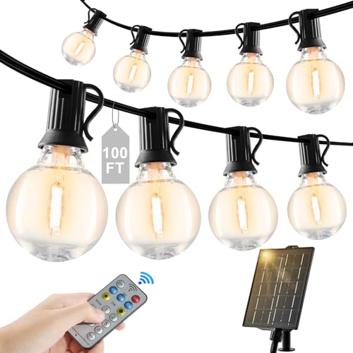 VEVOR Cadena de Luces Solares Regulables para Exterior de 30,5 m 2700 K con Control Remoto, 50 Bombillas LED G40 Alimentadas por Energía Solar, Luces Colgantes Impermeables para Porche, Patio, Jardín
