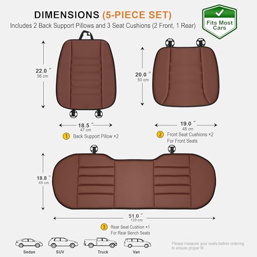 Image of kingphenix 5-Piece Car Seat Cushion Set with Back Support | Full Back Support Pillow and Seat Cushion for Long Driving, Road Trips, Truck, Van, SUV, Brown