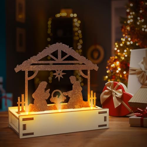 APODESS 2SET Weihnachtskrippe Beleuchtet LED Krippe Modern Weihnachten Rost Metall Lichthaus Kinderkrippe Edelrost Weihnachtsgrippe Mit Lichtketter Krippendeko Metallkrippe Geschenke Für...