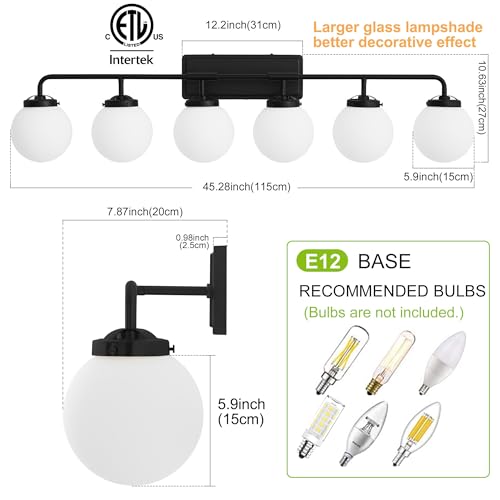 Image of Bathroom Light Fixtures 45.3in 6-Light Matte Black Vanity Lights for Mirror | Bathroom Lighting Fixtures over Mirror, ETL, Brushed Brass Wall Sconce, Dimmable E12 Base Max 60W, Milky Glass Ball Shades