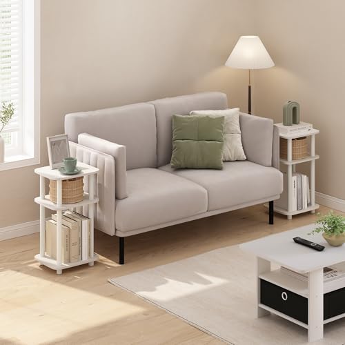 Image of Furinno JUST 3-Tier Telephone Table Set of 2, Turn-N-Tube Toolless Side Table with Open Shelf, Round Curve Corner Night Stand, Bedside Table, for Living Room, Bedroom, White