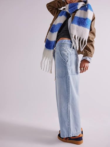 chouyatou Women's Drawstring Waist Barrel Jeans Boyfriend Baggy Loose Jeans Wide Leg Capri Denim Pants with Pockets3